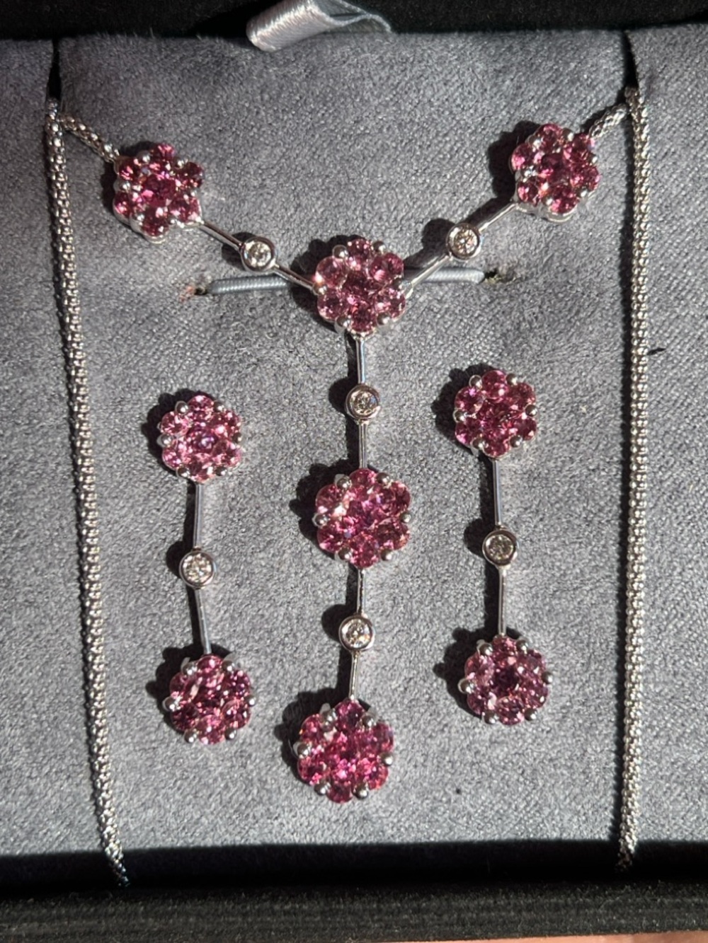 Pink Tourmaline set in 14k white gold Floral Necklace and Earrings Set